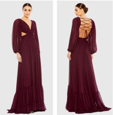 MAC DUGGAL 67948 PLEATED CUT OUT LONG SLEEVE LACE UP TIERED PLUM GOWN   sz 8