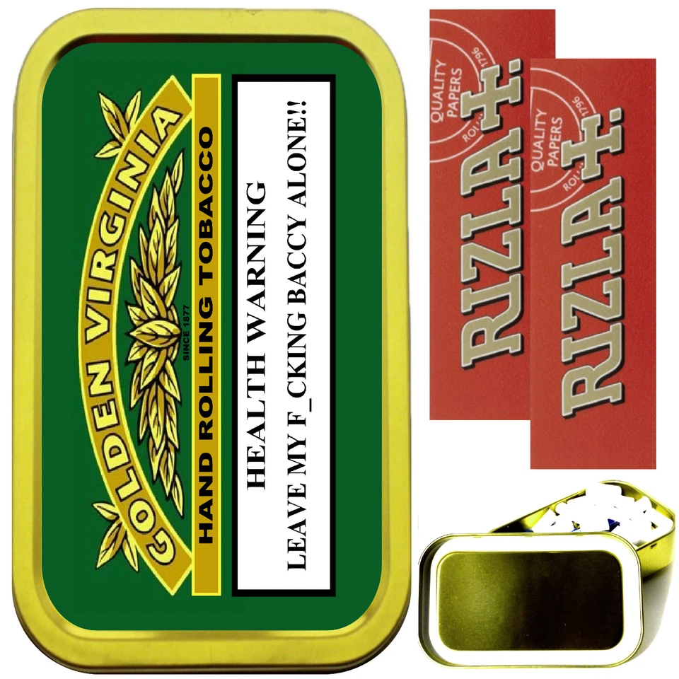 TEEZ GOLDEN VIRGINIA SMOKING SET, GOLD 1oz TOBACCO TIN, 2 X RIZLA PAPERS & FILTERS