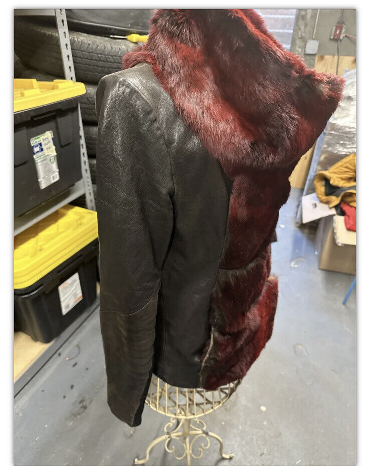 HELMUT LANG Fur Leather Shawl Jacket Size S - image 3