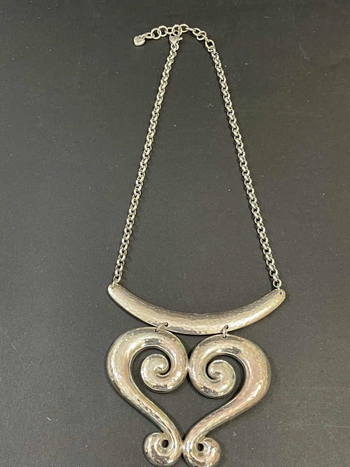 Brighton Large Genoa Heart Necklace Silver Hammered Scroll 18" Adjustable Sexy - Image 4 of 4