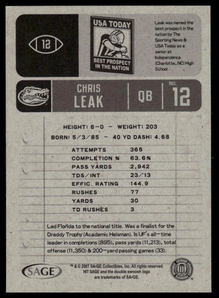 2007 SAGE HIT #12 Chris Leak - Image 2 of 2