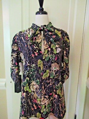 AUTHENTIC  PRADA 100% MAROCAINE ROSE Silk top Sz 40 MED Black Floral