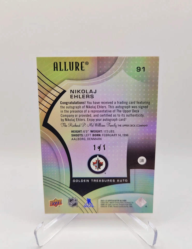 Nikolaj Ehlers Allure 21-22 GOLDEN TREASURES AUTO #1/1 Winnepeg Jets #91 CANES - Image 2 of 4