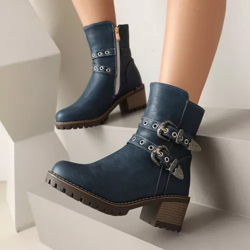 Women Booties Mid Chunky Heel Round Toe Zip Up Casual Buckle Fashion Ankle Boots - Bild 15 von 29