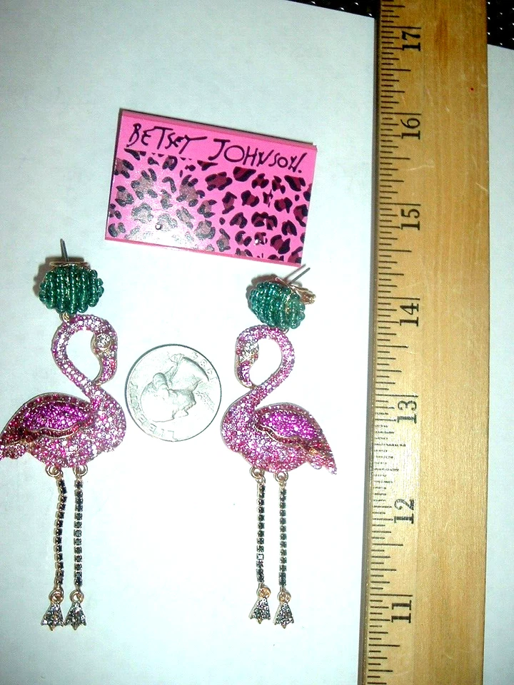 PINK Pave Crystal FLAMINGO MOVEABLE TASSEL LEGS  Betsey Johnson Pierced EARRINGS - Image 4 of 4