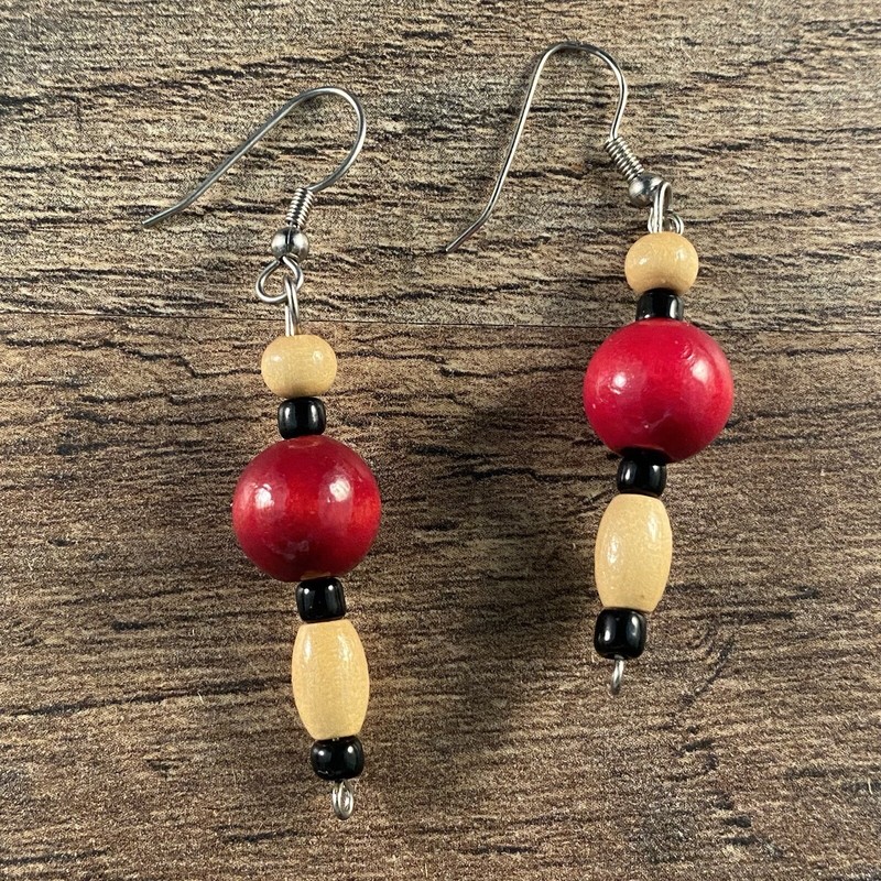 Wood Beaded Dangle Earring Set Costume Jewelry Black Red Tan