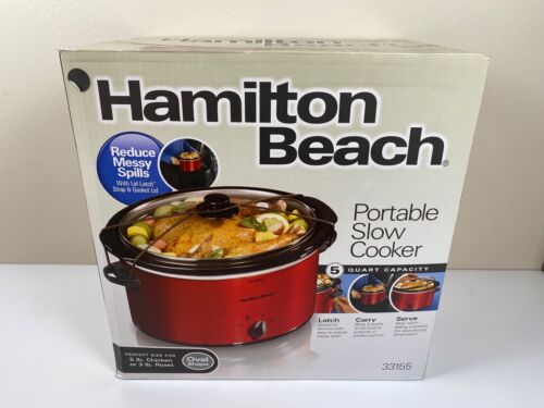 Hamilton Beach Large Slow Cooker Crock Pot 5 Qt Oval Red Black Stone Brand New - Picture 1 of 2