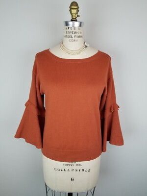 Ann Taylor Deep Rust Orange Sweater Flounce 3/4 Sleeve 100% Cotton * Size Small