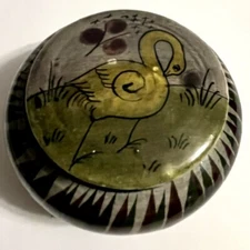 TONALA Pottery Round Trinket Box Ring Box Hand Painted with Bird on Lid MEXICO
