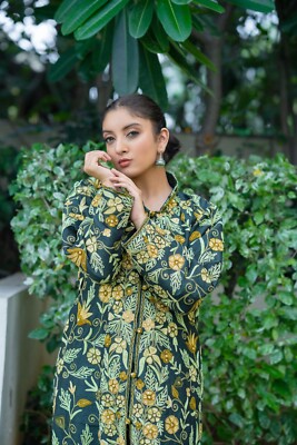Green Floral Embroidered Long Coat with Hand Cut Daana