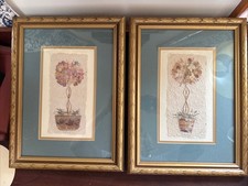 Lot 2 VTG Original Signed Art Dried Pressed Flowers Gold Wood Frame Cottage