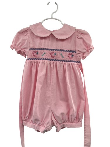 Vintage Allison Ann 24M Pink Smocked Bubble Romper Hearts Flowers Used
