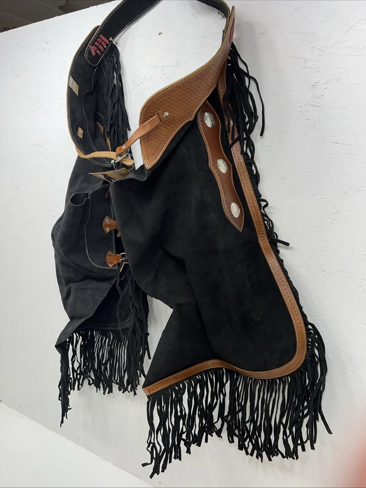 New Tough 1 Black Show Chaps With Fringe Adjustable Waist 46” N-24 - Image 3 of 4