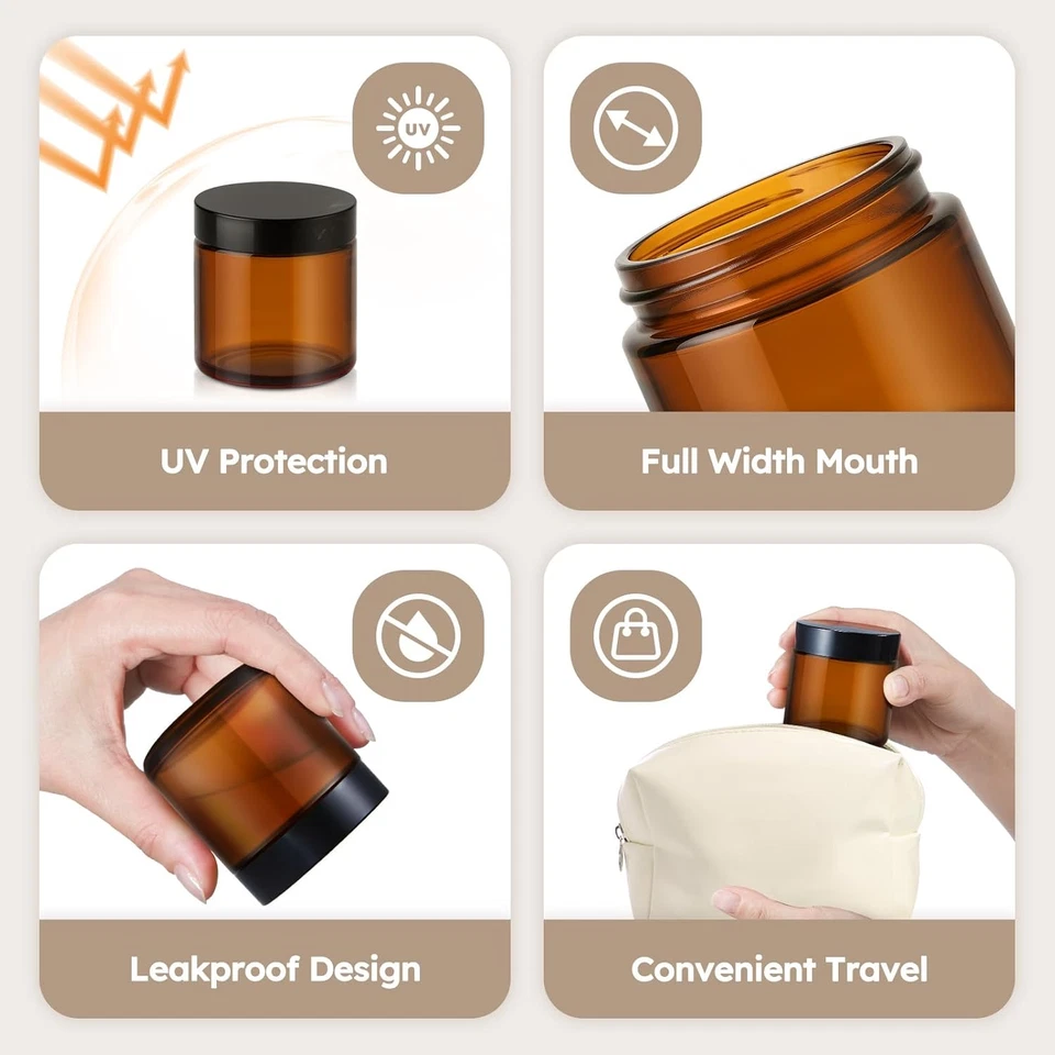 Frascos de vidrio de 4 OZ con tapas, paquete de 4 frascos de vidrio ámbar con tapas negras a prueba de fugas rou Foto 4 de 4
