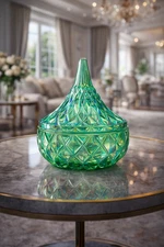 Hershey Kisses Glass Elegant Covered Dimond Cut Candy Dish-Green w/lid