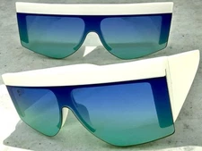 Oversized Retro Modern Shield Party Raver SUNGLASSES Large White Frame Blue Lens