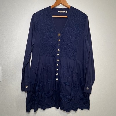 Soft Surroundings Alka Tunic Top Size L Navy Blue Mismatched Button Shirt Boho
