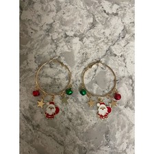 Christmas Santa Claus Star Drop Earrings Hoop red gold green - NEW