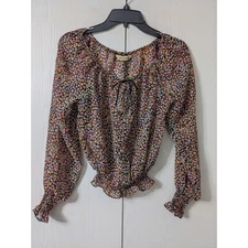 Atmosphere Women Black Pink Floral V-neck Long Sleeve Elastic Hem Blouse Size 38