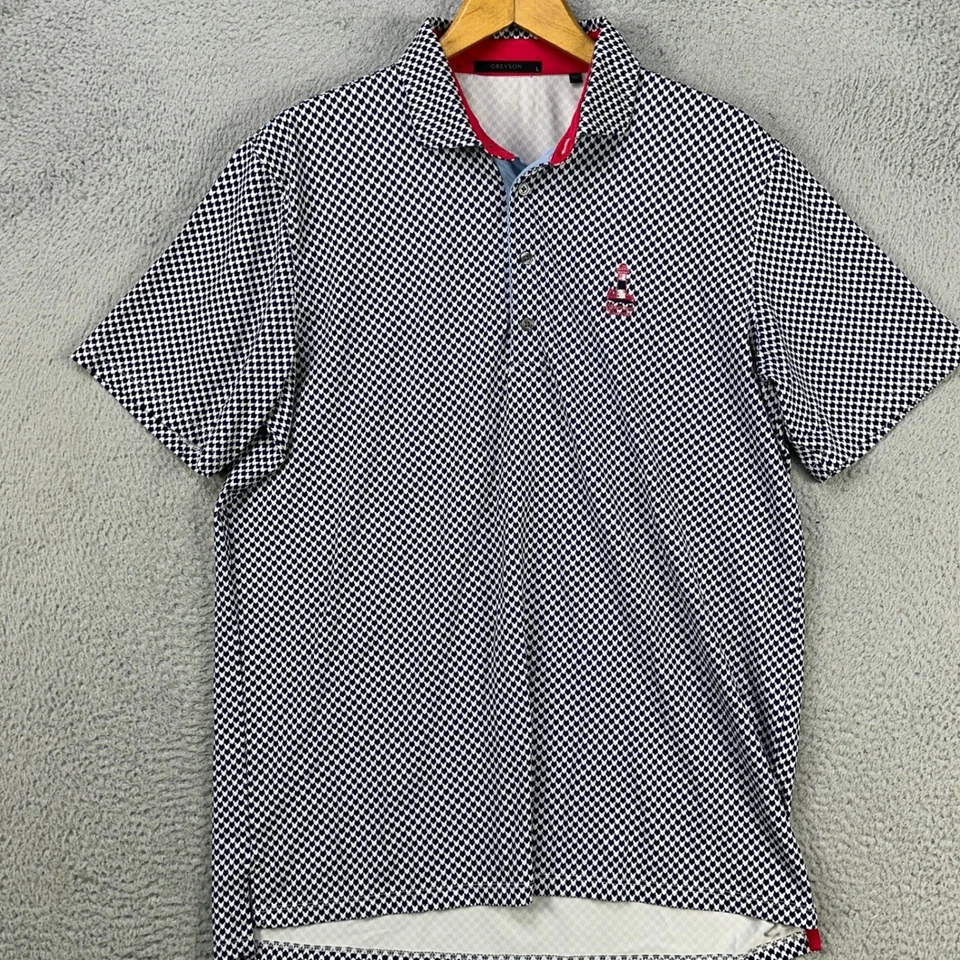 Camisa polo de golf Greyson Montauk Downs grande azul blanco logotipo geométrico rugby para hombre Foto 3 de 4