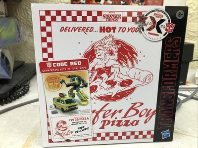 Code Red Transformers x Stranger Things Action Figure Surfer Boy Pizza Box 2023