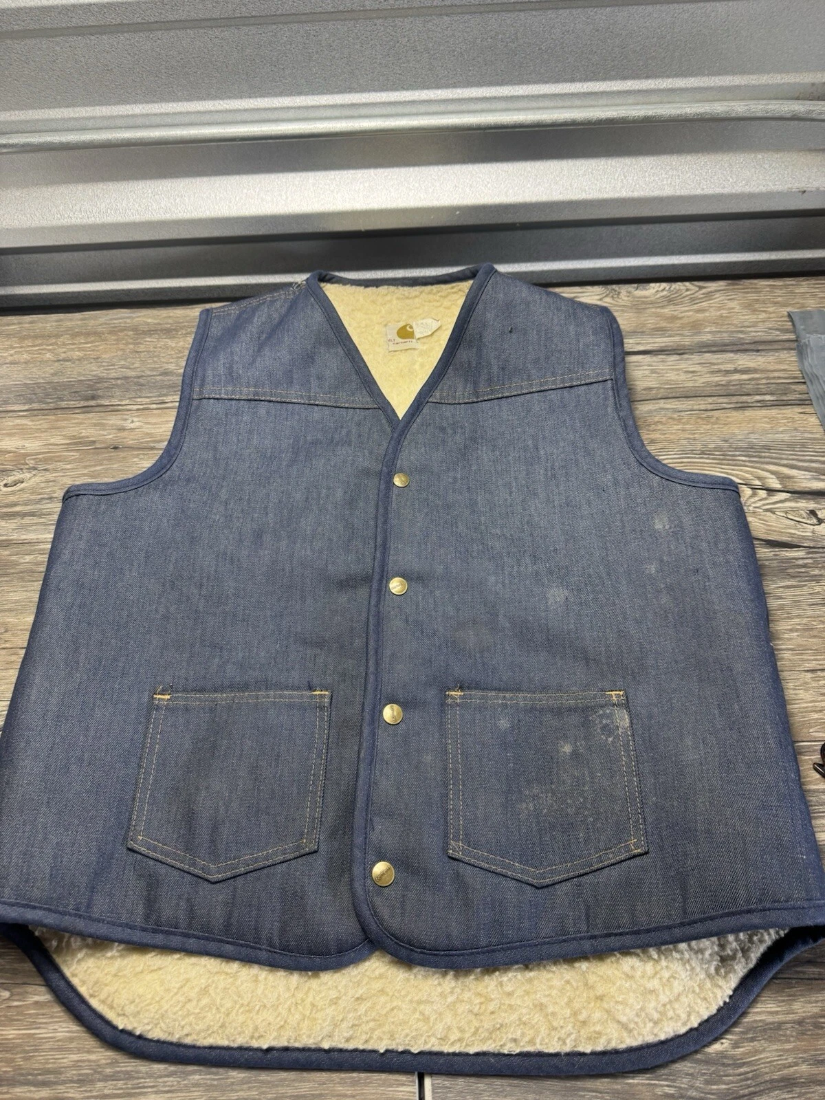Vintage 80s CARHARTT Denim Sherpa Lined Snap Vest 8SV Men’s Sz XL USA Tall