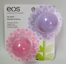 NOS 2 Pack EOS Lip Balm Spheres Strawberry Sorbet & Passion Fruit .25oz