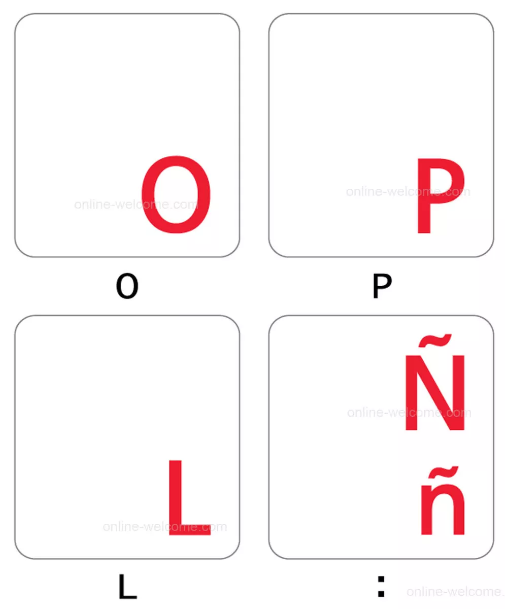 Spanish (Latin American) Keyboard Stickers with RED Lettering ON  Transparent Background