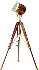 Marine Vintage Brass Nautical Searchlight Floor Spotlight Lamp Wooden Tripod