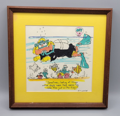 Vintage "AMY" Girl Scuba Diver Fish Funny Sketch, Framed Original Art Drawing
