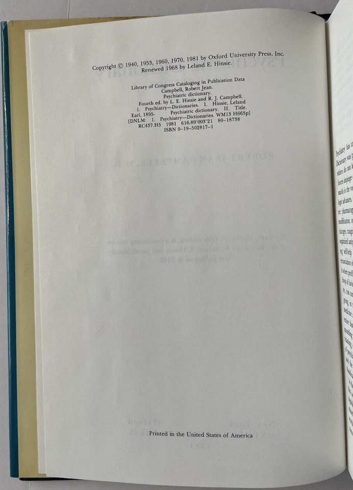 Psychiatric Dictionary by Robert J. Campbell 1981 Fifth Edition HC/DJ Oxford - Image 4 of 4