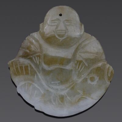 Vintage durchscheinender grüner Jade großer geschnitzter Buddha Anhänger 12,3 Gramm