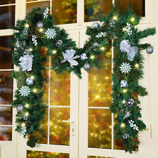 9 FT LED Christmas Garland with Berries Bows Christmas Balls, Pre-Lit Artificial
