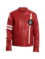 Mens Ben10 Red Real Leather Jacket  Embossed Halloween Cosplay Costume Cartoon