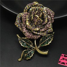 Hot Purple Crystal Enamel Vintage Rose Flower Fashion Women Charm Brooch Pin