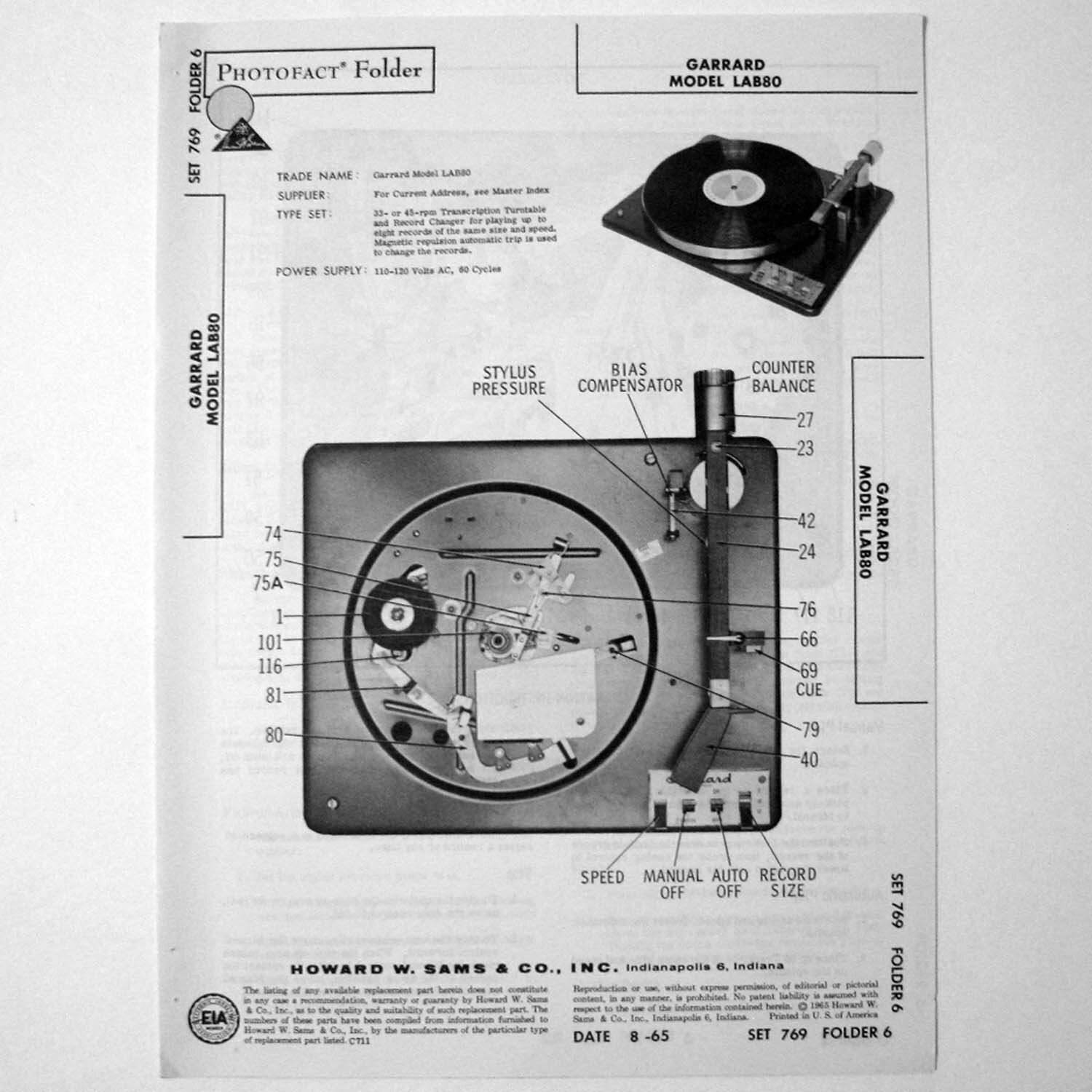 Garrard Model LAB80 Transcription Turntable Changer SAMS Photofact ™ 1965 New