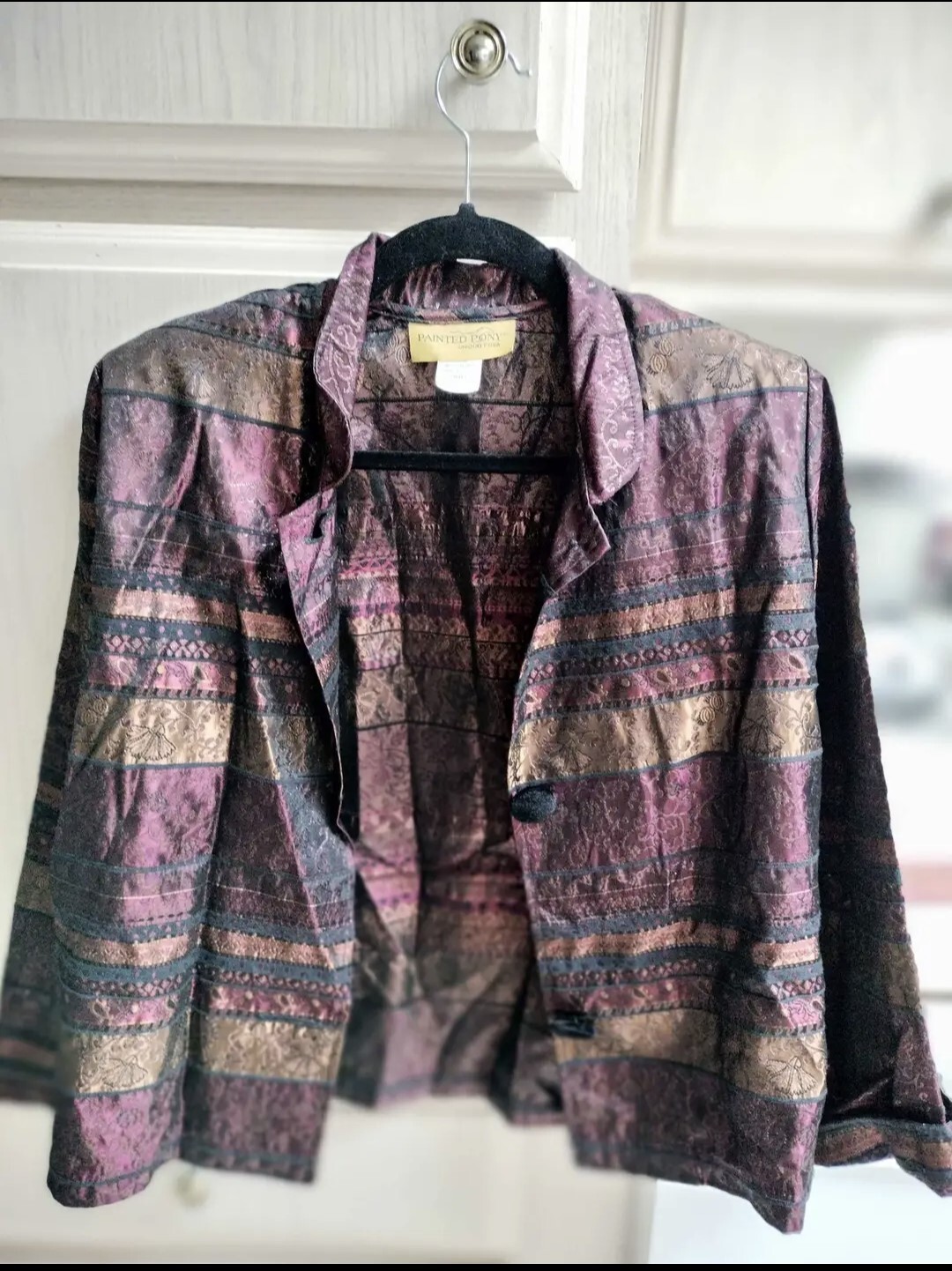 Giacca pony vintage dipinta con taglia S arazzo metallizzato giacca dichiarazione boho USA