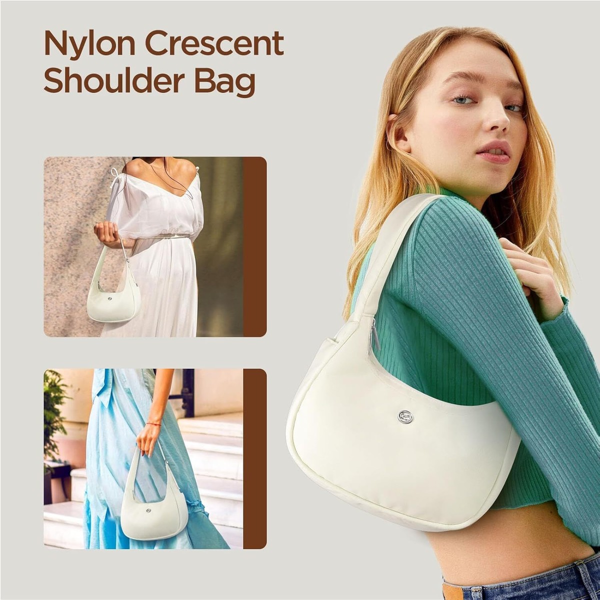 Babysun Mini Shoulder Bag Women Nylon Crescent 4L Underarm Ivory