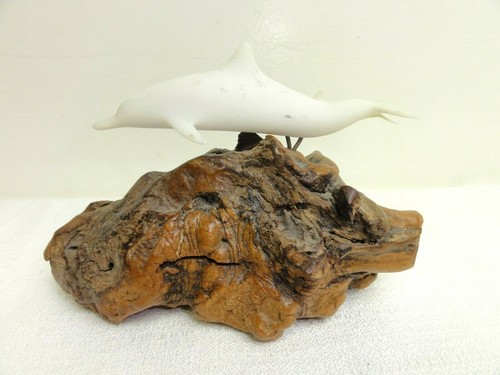 John Perry Sea Sculpture Dolphin & Calf on Burl Wood Base Art 6"W & 4"H - Picture 5 of 7