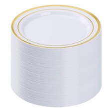 100pcs Gold Plastic Plate 10.25 Inch Disposable Dinner Plate Party With Gold Rim
