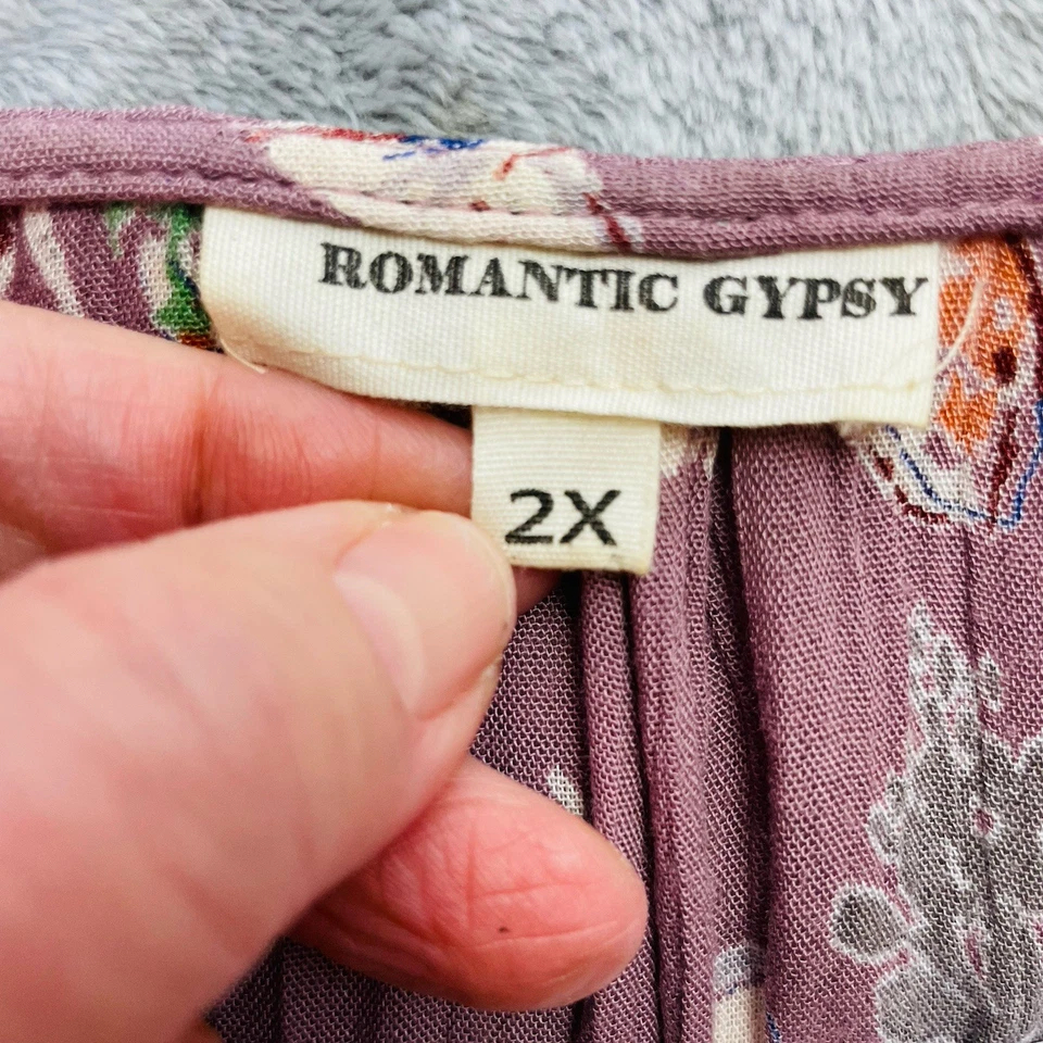 Romantic Gypsy Boho Blouse Womens 2X Purple Moody Floral Crocheted V Neck Flowy - Image 3 of 4