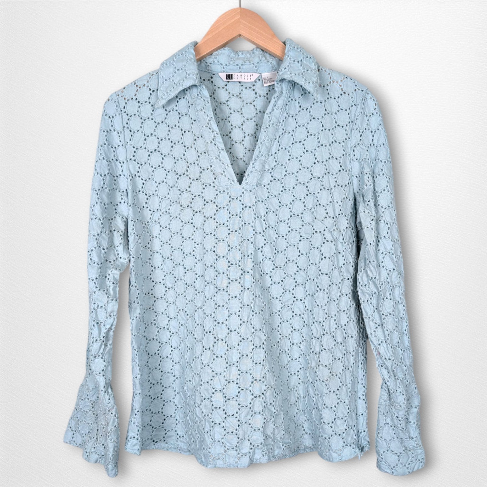 Carole Little Women's L Blue Embroidered Linen Shirt Top