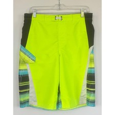 OP Ocean Pacific Boys XXL 18 Board Shorts Neon Green Black Striped Swim Trunks