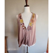 Free People Frida Stripe Surplice Floral Tank Top Embroidery Applique SZ Large