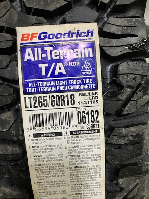 1 New Tire 265 60 18 BF Goodrich All Terrain T/A KO2 LT265/60R18