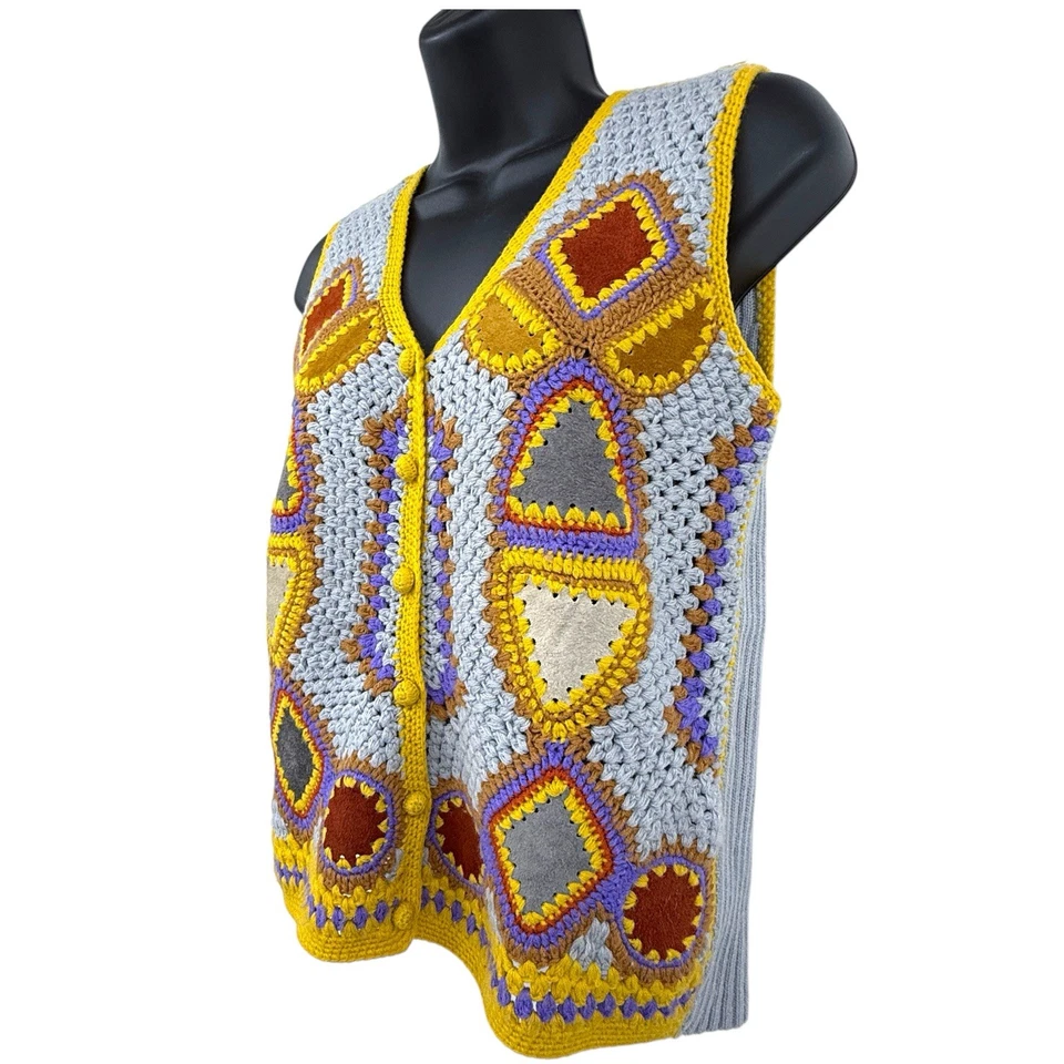 Chaleco Grande Vintage Años 70 Crochet Multicolor Gamuza Parches Gris Mostaza Tostado Foto 2 de 4