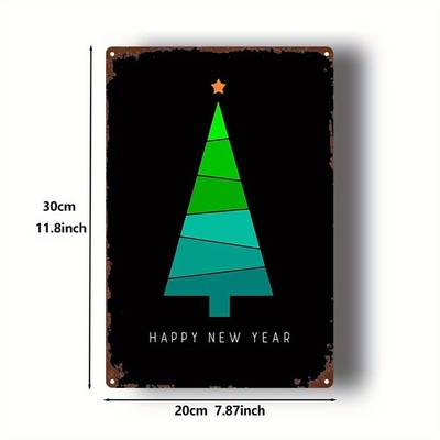 Happy New Year Geometric Christmas Tree Metal Sign Vintage Holiday Wall Decor