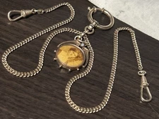 Antique Rose Gold Plated AM Double Albert Pocket Watch Chain Opal GF Fob Photo