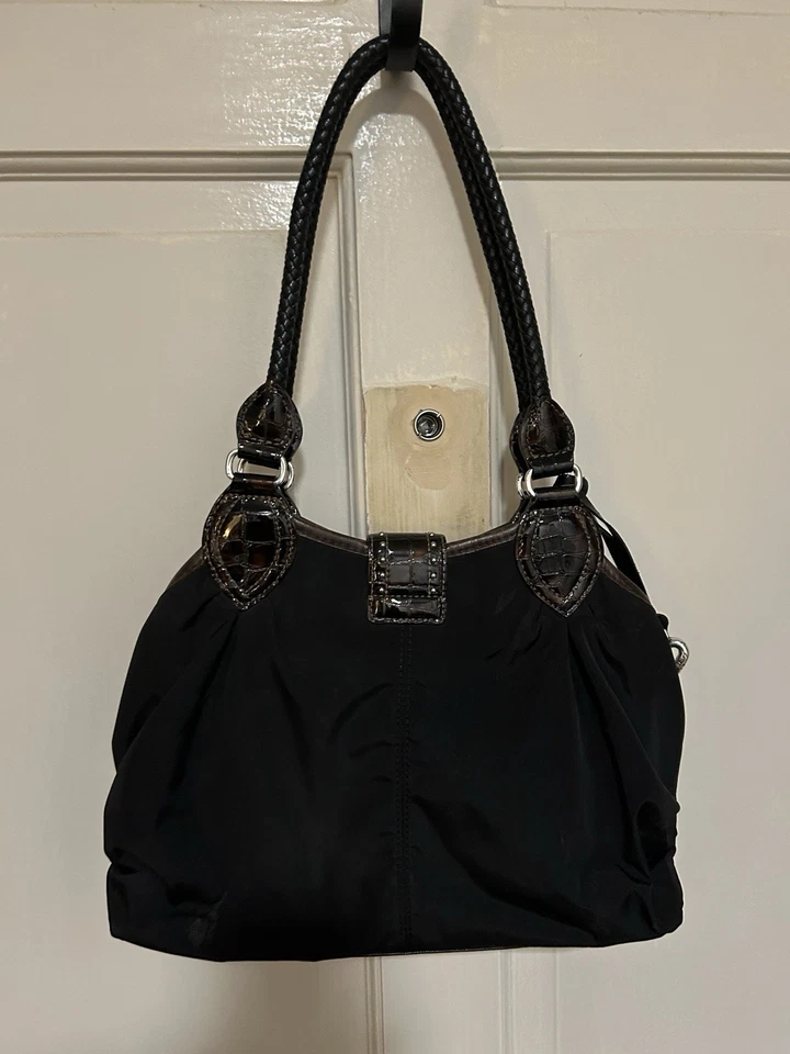 Brighton 手提包 单肩包 黑色 磁性闭合 棕色皮革装饰 — 第 2/4 张图片