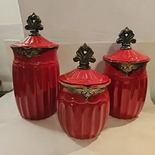Canister Set 3 Piece With Lids Cinnabar  Fleur De Lis French With Fillagree 